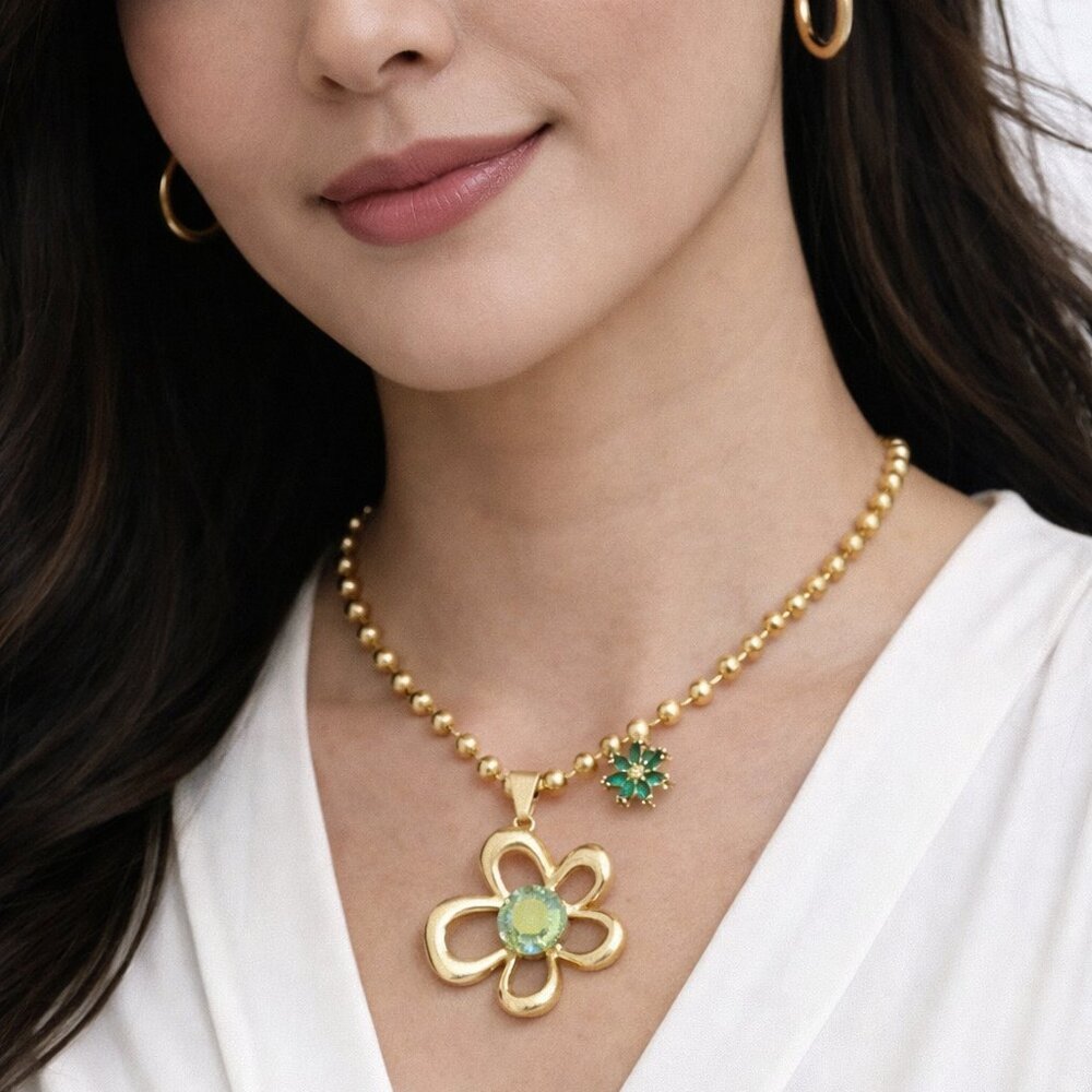 Classic Style Flower Copper Zircon 18K Gold Plated Ball Chain Pendant Necklace